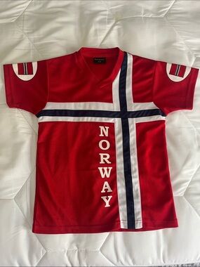 Red Norway Flag Tee Navy White Cross soccer football shirt jersey top boys girls